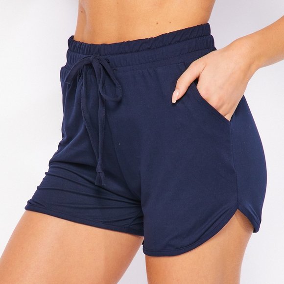 Navy blue high waist comfy drawstring pocket dolphin hem workout casual shorts - Picture 1 of 1